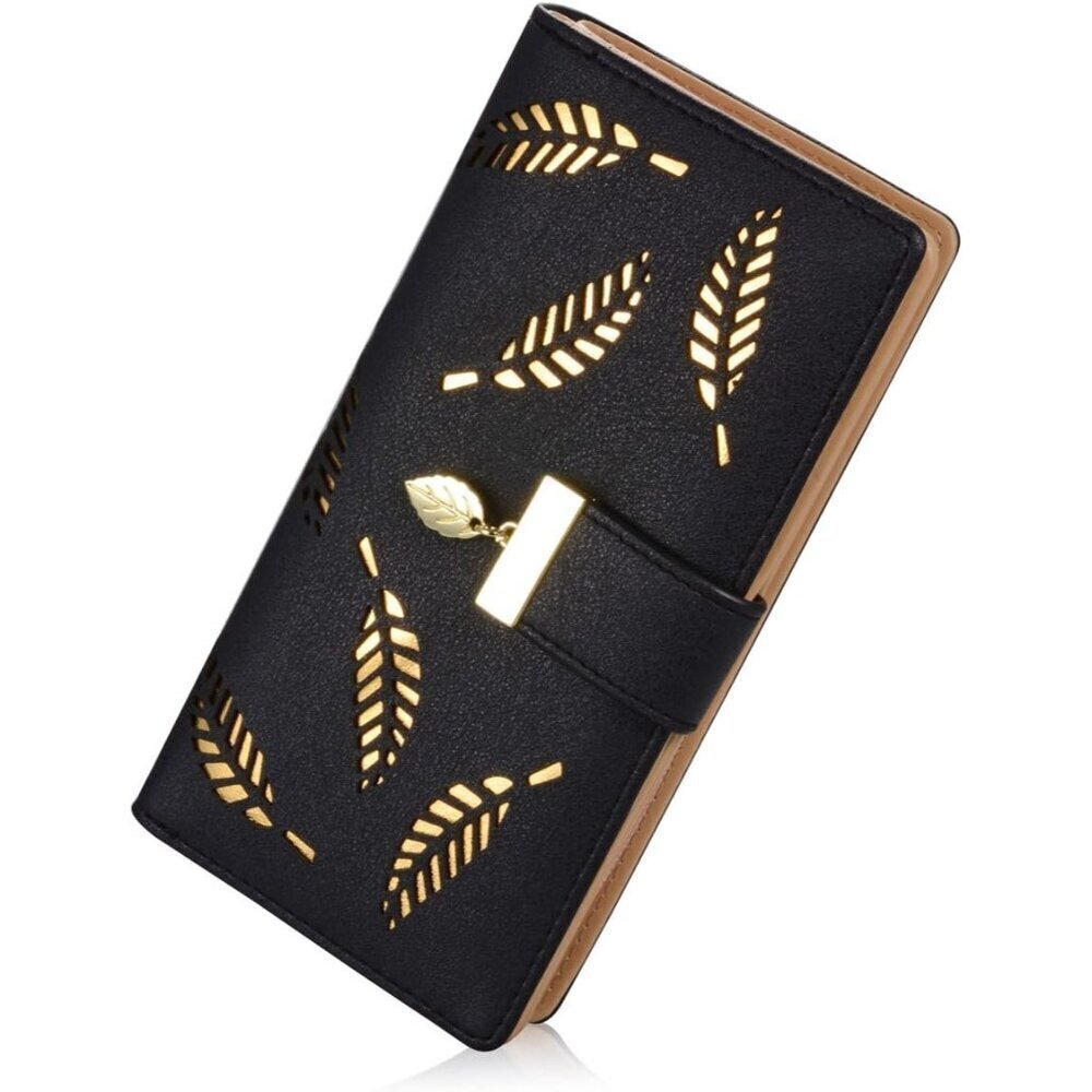 Women's Long Leaf Bifold Leather Card Holder Purse Zipper Buckle Elegant Clutch